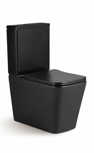 BAÑO MODERNO Inodoro Completo - WC Con Sistema Rimless Antibacterias - Vater Con Tapa Dura Extrafina Amortiguada - Salida Dual - Para Hogar Color Negro - Retrete (Negro)