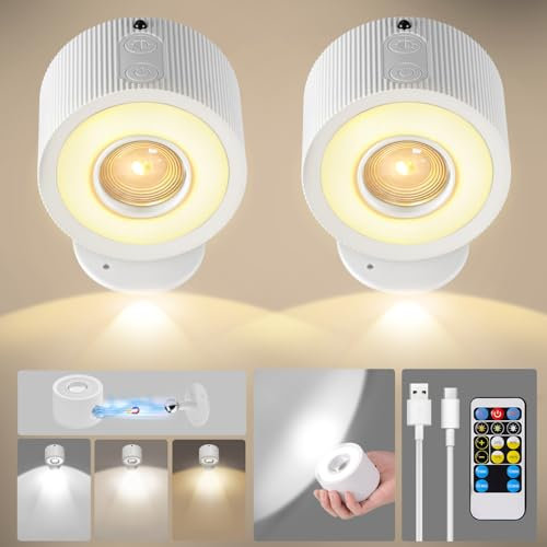 2 Pièces Applique Murale Interieur, Lampe Murale LED avec de Contrôle Tactile, 3 Températures de Couleur et Luminosité Réglable, Appliques murales sans fil pour Chevet de Chambre En Lisant, Blanc