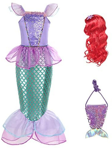 Timesun Prinzessin Arielle Kostüm Kleid Verkleidung mit Perücke Cosplay Party Verkleidung für Kinder Mädchen Größe 3-9 Jahre (Lila (mit Haarperücke und Handtasche), 120)