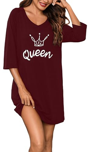 Bresdk Nachthemd Damen 3/4 Ärmel Baumwolle V-Ausschnitt Schlafshirt Print | Im Oversize-Stil, für den Winter, als Nachtwäsche und als Schlafkleid.
