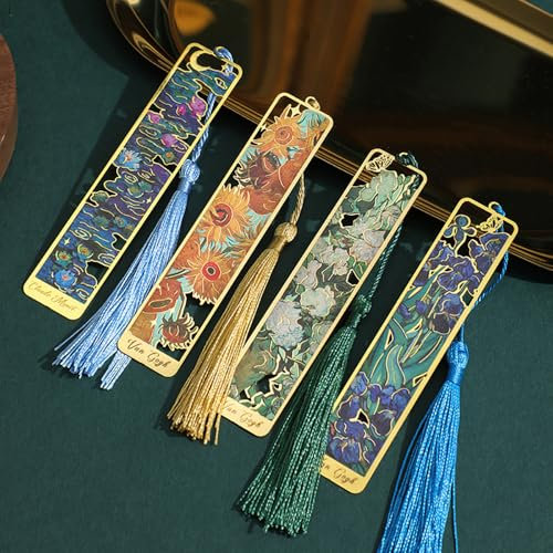 PQCLXUYA 4 stück Bookmark,Gepresste Blumen Lesezeichen aus Metall, Goldenes mit Hohler Blume Vintage Ölgemälde Stil mit Quaste Geschenk für Buchliebhaber, Schriftsteller, Leser, Frauen, Männer