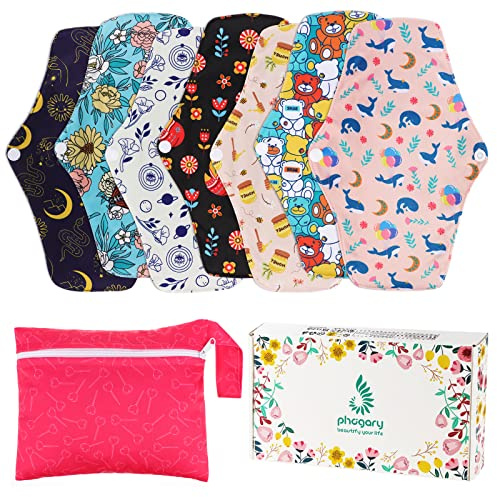 PHOGARY Wiederverwendbare 7 Stück Waschbare Slipeinlagen, Baumwolle Waschbar Damenbinden für Menstruation, Auslaufsicheres Design mit Nassem Beutel für Frauen Mädchen, 26 cm