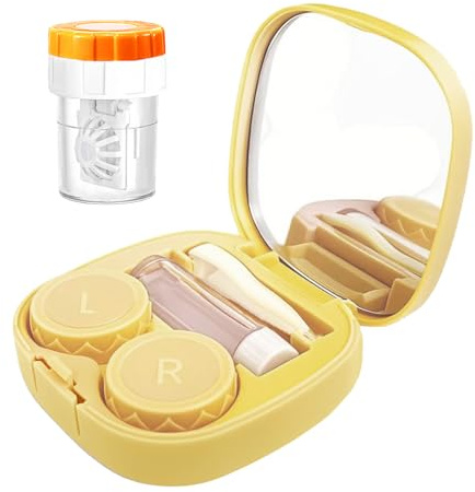 CADEVED Contact Lens Case Kit with Cleaner Washer, Contact Lenses Applicator Removal Tool Kit with Mirror Solution Bottle for Daily and Outdoor Use(Yellow)