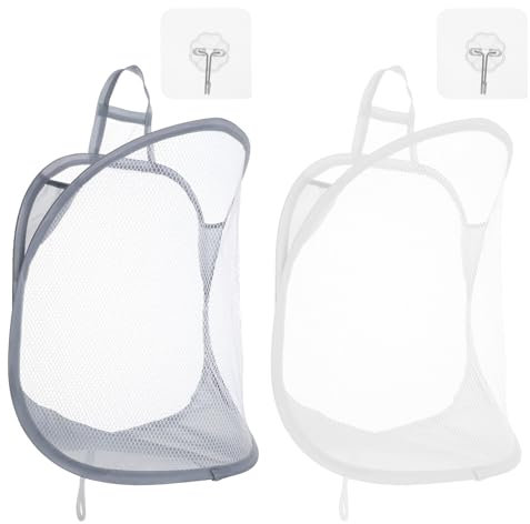 Ouligay 2 Stück Hängender Wäschekorb Groß Hängender Wäschesack mit 2 Haken, Weiß Faltbarer Laundry Basket, Faltbar Zusammenklappbar Mesh Wäschekorb mit Griffen für Schlafzimmer, Badezimmer(54x31cm)
