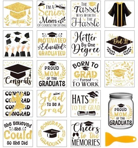 GLOBLELAND 18 Blatt 3.9x3.6 Zoll Abschluss Rub On Transfer Bunte Abschlusskappe Vase Home Decals Gold Text Worte Cup Transfer Aufkleber Für Möbel Vase Glas Kunsthandwerk Dekorationen