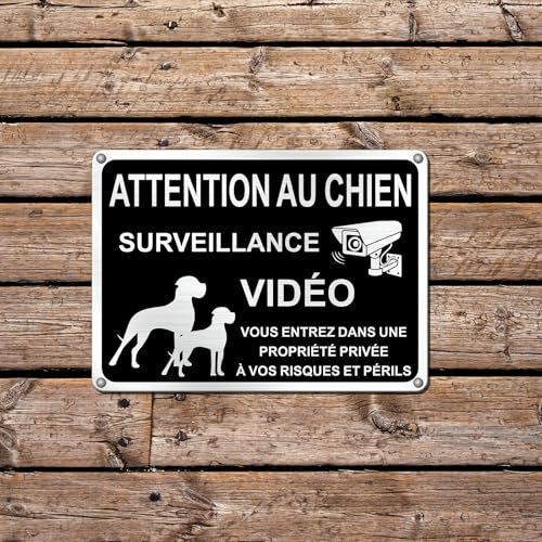 SINMAO Attention au Chien 18x25cm Aluminium Brossé, Maison sous Video Surveillance, Vous Entrez Dans Une Propriété Privée À Vos Risques Et Périls Noir x1