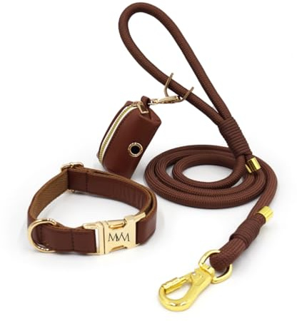MVM Hundehalsband Set Leine Kotbeutelspender Kunstleder Halsumfang 25-60 cm