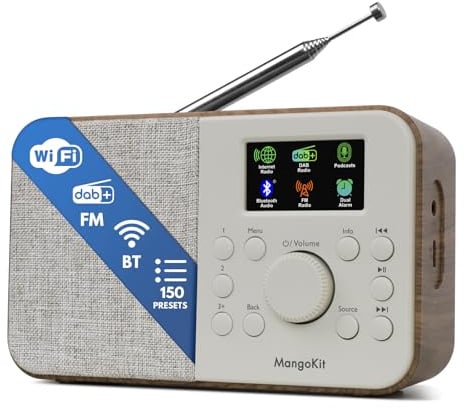 MangoKit SR-L - Radio DAB portatile con Bluetooth 5.3-DAB+, radio FM e Internet con WiFi, podcast, 150 preset, sveglia, radio da cucina con display a colori, alimentazione a corrente o a batteria