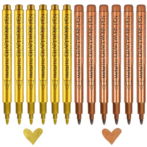 Alyxen Permanent Marker Wasserfest Stifte,Lackstift Glasmalstifte Permanentmarker für Steine Bemalen, Glas, Kunststoff, Metall, Keramik, Tassen, Reifen ((Kombination 1: 6 Gold + 6 Bronze))