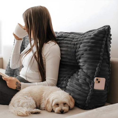 Gutekissen® Rückenkissen - Lesekissen für Bett und Sofa - Keilkissen - Rückenpolster für die Wand - Sitzkissen - Wandkissen - Mit Handytasche (Dunkelgrau Tilia, 200 cm)