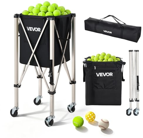 VEVOR Panier à Balles de Tennis avec roulettes, Capacité de 200 Balles, Chariot Pliable Ramasse-Balles en Acier INOX, Panier Portable pour Entraînement de Tennis et Pickleball, avec Sac de Rangement