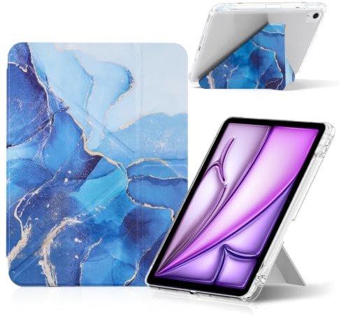 Hinnwer Funda para iPad Air 11 Pulgadas M4/M3/M2 (2026/2025/2024),iPad Air 5ª Gen/4ª Gen(2022/2020) 10.9 con Portalápiz, Mármol Carcasa con Soporte Trifold y Carcasa Trasera Transparente (Azul)