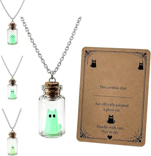 Ghost Adoption Necklace,Glow In The Dark Necklace with Ghost, Cat and Dog | Cute Ghost Bottle Pendant Necklace,Daily Wear Accessory,Halloween Jewelry