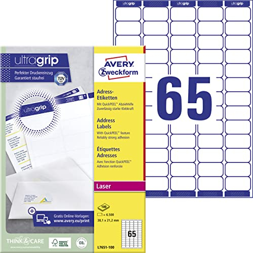 AVERY Zweckform L7651-100 Adressetiketten/Adressaufkleber (6.500 Etiketten mit ultragrip, 38,1x21,2mm auf A4, bedruckbar, selbstklebend, für Absenderetiketten, Papier matt) 100 Blatt, weiß