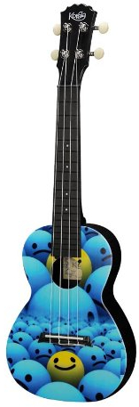 Korala Konzert Ukulele aus Polykarbonat mit akkurater Intonation & Aquila Saiten - gelb & Blau Smiley Faces
