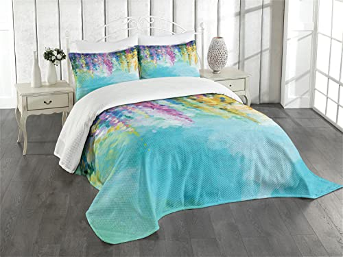 ABAKUHAUS Blume Tagesdecke Set, Inspiring Landschaft Frühling, Set mit Kissenbezug Maschienenwaschbar, für Einzelbetten 170 x 220 cm, Türkis Lila