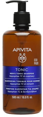 Apivita Tonic Shampoo für Männer mit dünner werdendem Haar, 500 ml – Fördert gesundes Haarwachstum, stärkt das Haar, bekämpft Haarausfall – Mit patentiertem Hippophae-Tonic-Komplex und Propolis