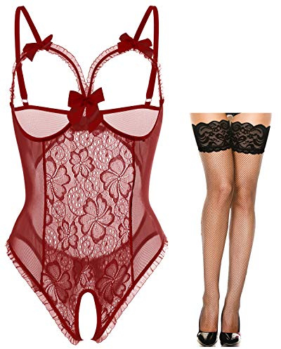 Lingerie for Women Sexy Teddy One-Piece Lace Babydoll Bodysuit Nightie Plus Size, A-(wine Red+stocking), Medium