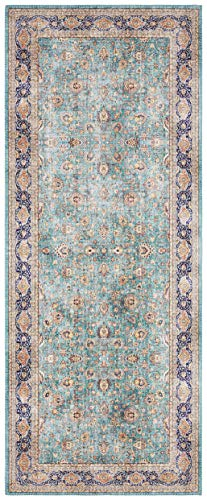 Elle Decoration Keshan Maschad Orientalischer Teppich - Kurzflor Vintage-Look Orientalisch Orient Klassischer Orientteppich für Wohnzimmer Esszimmer Flur oder Schlafzimmer Jade Grün, 80x200cm
