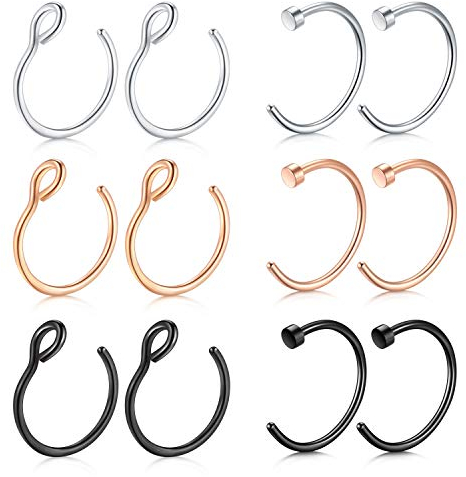 Mayhoop 12Stk 20G 8mm Nasenpiercings Fake Nasenring Silber/Rosegodl/Schwarz Edelstahl Fake Piercings Nase Face Piercing Nase Lippe Ohr Ring Hoop für Männer Damen
