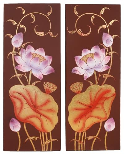 Oriental Galerie Leinwand Bild 2er Set Canvas Acrylfarbe mit Blattgold Kunst Asien Thailand je 90 cm Rot-Braun Gold Nr.7