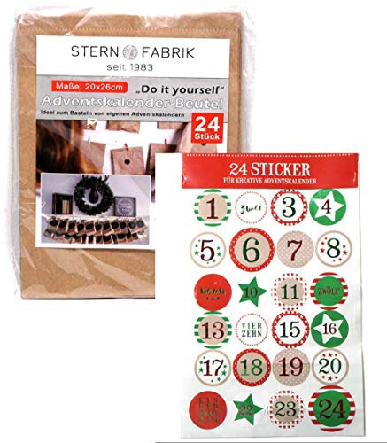 Adventskalender DIY Beutel zum Befüllen Set mit 24 Papiertüten und 1-24 Zahlen Aufkleber