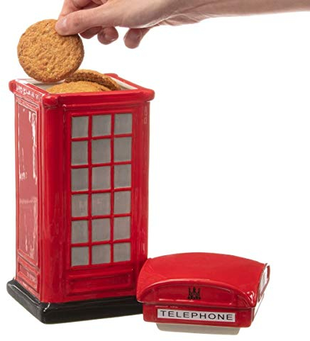 CKB LTD Keksdose mit Telefonzelle, Keksdose, Retro-Küche, hoch, mit Deckel, Keramik, Rot, 12 x 12 x 28 cm