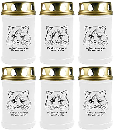 HS Candle Grabkerze Grablicht - 6er Pack - (Katze Kopf 1) - ca 48h / 2 Tage Brenndauer je Kerze (14,5cm, Ø 7cm) - viele versch. Designs