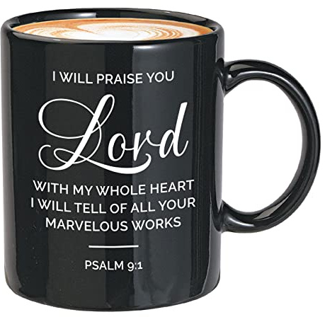 Kaffeetasse mit Bibelvers, 325 ml, Schwarz – Lob You O – christliche Betungsstärke, religiöser Jesus, bedeutungsvoller Glaube, Kreuzschrift, positiv