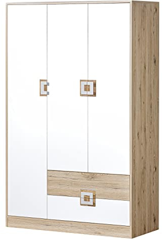 Marmex Nico N3 Dreitüriger Kleiderschrank - Hochwertige Möbelbeschläge - Kleiner Kleiderschrank - Kleiderschrank für Jugend, Kinderzimmer - Eiche Hell + Weiß + Eiche hell - 120x190x50cm