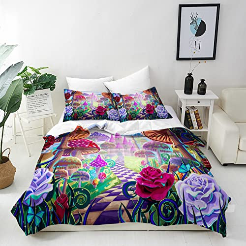 ANHOPE Mushroom Duvet Cover Set Soft Comforter Cover Castle Rose Butterfly Print Pattern 3 Piece Bedding Set with Pillowcase All Season Decor Quilt Cover with Zipper for Kids Adult Super King