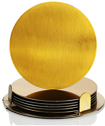 com-four® 7-teiliges Untersetzer-Set mit Halterung - Edelstahl Untersetzer für Getränke - runde Stahluntersetzer - goldfarben (007-teilig - goldfarben)