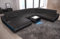Sofa Dreams Wohnlandschaft Concept XXL U Form Ledersofa - mit LED Beleuchtung, ergonomische Rückenlehnen, Recamiere/Lederfarben wählbar/Ausrichtung Ottomane wählbar (Ottomane Links, Black)