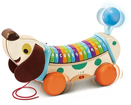 VTech - Mon Chien ABC Interactif, Jouet à Tirer Musical, Chien Interactif Partiellement en Bois, Jeu d'Éveil Alphabet Rigolo, Cadeau Bébé Garçon et Fille Dès 1 an - Contenu en Français