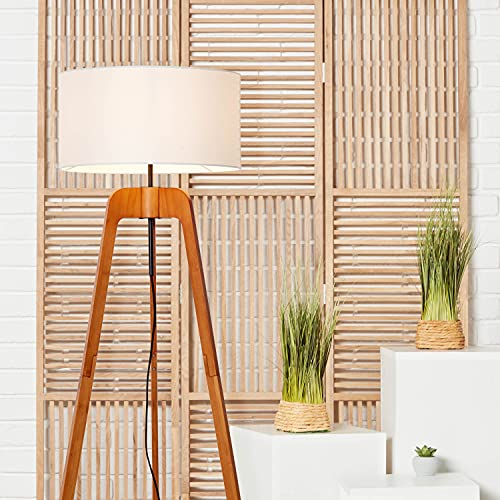 Brilliant Dreibein-Lampe im Nature Stil - Standleuchte mit stilvollem Textilschirm und Fußschalter für Büro, Schlafzimmer oder Wohnzimmer aus Bambus/Textil, in holz dunkel/weiß - 1,5m Höhe