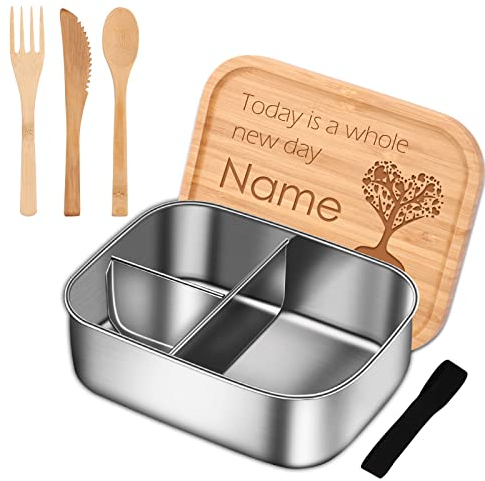 AIVYNA Personalisierte Brotdose mit Name & Muster,Lunch-Boxen aus Edelstahl 304 mit Holzdeckel,Brotdose mit Gravur,Personalisierte Geschenke kinder und Erwachsene (Klein), Silber, ZGFH-918