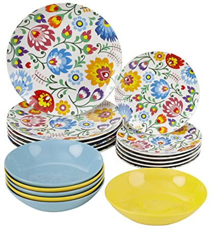 Baroni Home Servi Assiettes 18 Pièces Pour 6 Personnes en Porcelaine et Grès, Service d’Assiettes de Table Coloré, 18 Plats Colorés de Table, Fantaisie Fleurs Colorés