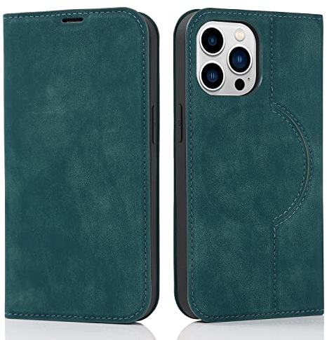 QLTYPRI Hülle für iPhone 13 Pro Max Kompatibel mit MagSafe, Ledertasche Handyhülle [RFID Schutz] Flip Case mit Kartenhalter Ständer Magnet Klapphülle für iPhone 13 Pro Max - Dunkelgrün