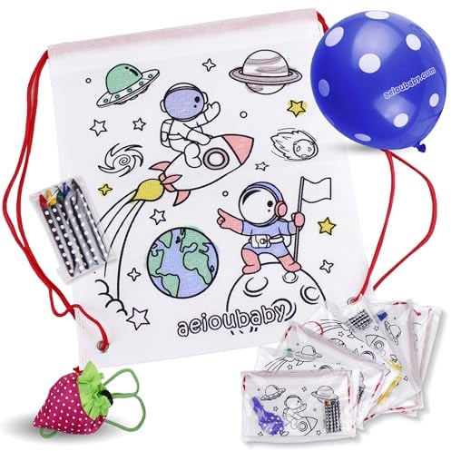 aeioubaby.com 25 Rucksack zum Ausmalen + Wiederverwendbare Tasche | 25 einzelne Taschen mit 5 bunten Wachsmalstiften und Luftballon | Geschenk Kinder auf Festen und Geburtstagen (Weltraum)