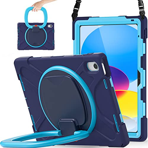 SCSVPN Schutzhülle für iPad der 10. Generation 2022, strapazierfähige, 360 Grad drehbarer Ständer, Griffgriff/Schultergurt (Marineblau)