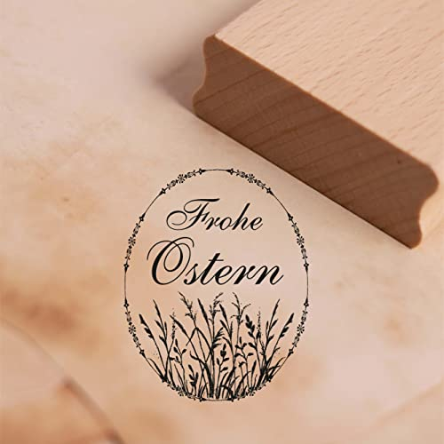 Dekolando Motivstempel Frohe Ostern - Osterei mit Gräsern Stempel Natur - Holzstempel Osterstempel - Abdruck 38 x 48 mm