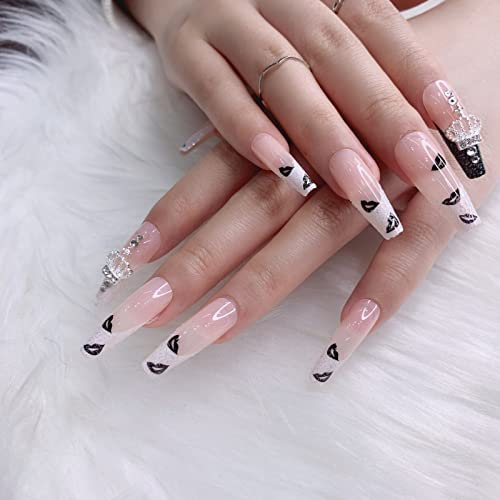 24Pcs Coffin Ballerina Heart Stick on Nails Tip Pink Color Design with Heart Full Cover False Nails (Leopard print)