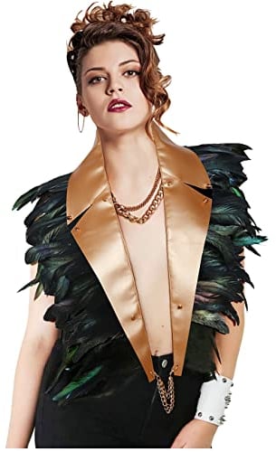 keland Gotisch Feder Umhang Schal Poncho Stola mit PU Leder Kragen für Halloween Cosplay (Gold)