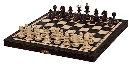 Sunrise Chess & Games| Schachperle | Mittel | Traditionelle polnische Figuren | Gebranntes Muster | Handbemaltes Schachbrett | Kassette mit Fächern