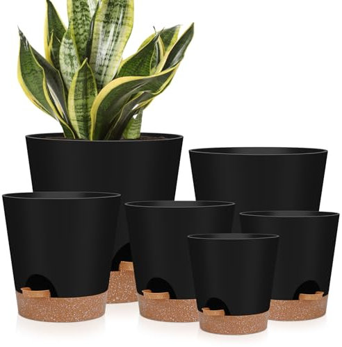 YNNICO Lot de 6 Pots de Fleurs d'intérieur à arrosage Automatique avec Trous de Drainage et soucoupes, 20,3 cm, 17,8 cm, 16,5 cm, 14,9 cm, 12,7 cm - Noir