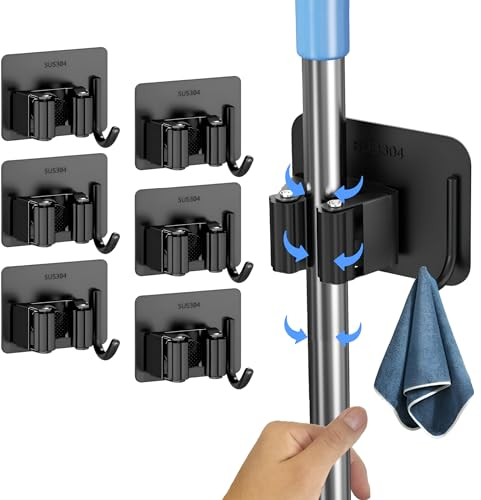 AURETS 6X Colgador Escobas y Fregonas con Gancho Adhesivo - Soporte Escobas Pared y Gancho Resistente al Agua - Sujeta Escobas Pared sin Taladro - Soporte para Fregona, Escoba y Material de Limpieza
