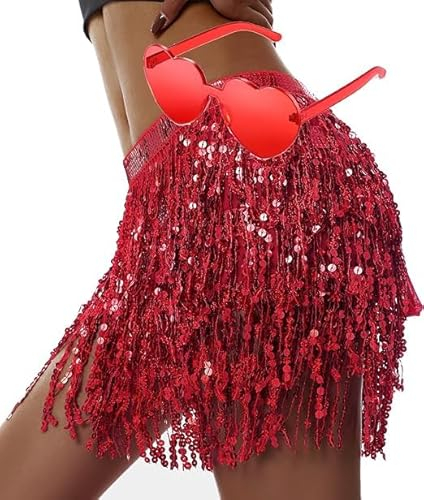 Pailletten Quaste Rock, Rock mit Pailletten, Damen Bauchtanzrock KostüM Pailletten, Quaste Fransenrock Pailletten Outfit FüR Damen, Glitzer Rock und Gläser, Warp Pailletten Fransenrock