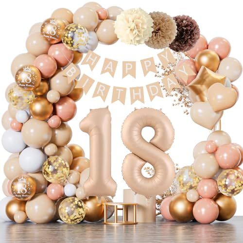 18 Geburtstag Deko, 18 Geburtstag Mädchen Junge, Geburtstagsdeko 18 Beige Vintage Rosa Ballon Deko mit Happy Birthday Girlande, Deko 18. Geburtstag Luftballons für Mädchen Junge18 Jahr Geburtstagdeko