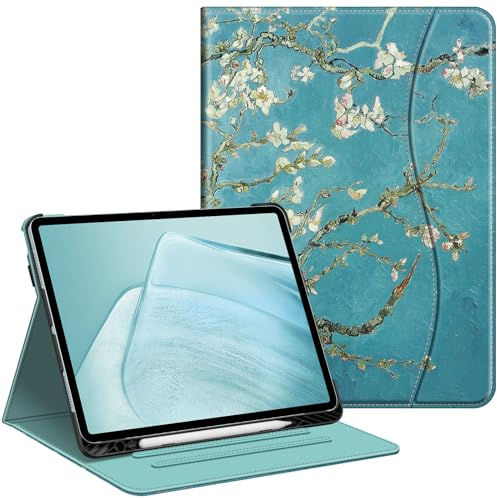 Fintie Funda para iPad Air de 13 Pulgadas (M3) 2025 / (M2) 2024, Funda Protectora de visualización multiángulo con Soporte para lápices y Bolsillo, Apagado y Encendido automático, Flor Almendra