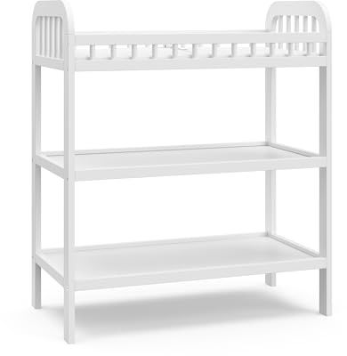 Storkcraft Pasadena Changing Table with Water-Resistant Changing Pad (White) - GREENGUARD Gold Certified, Includes Bonus Water-Resistant Changing Pad with Safety Strap, 2 Open Shelves